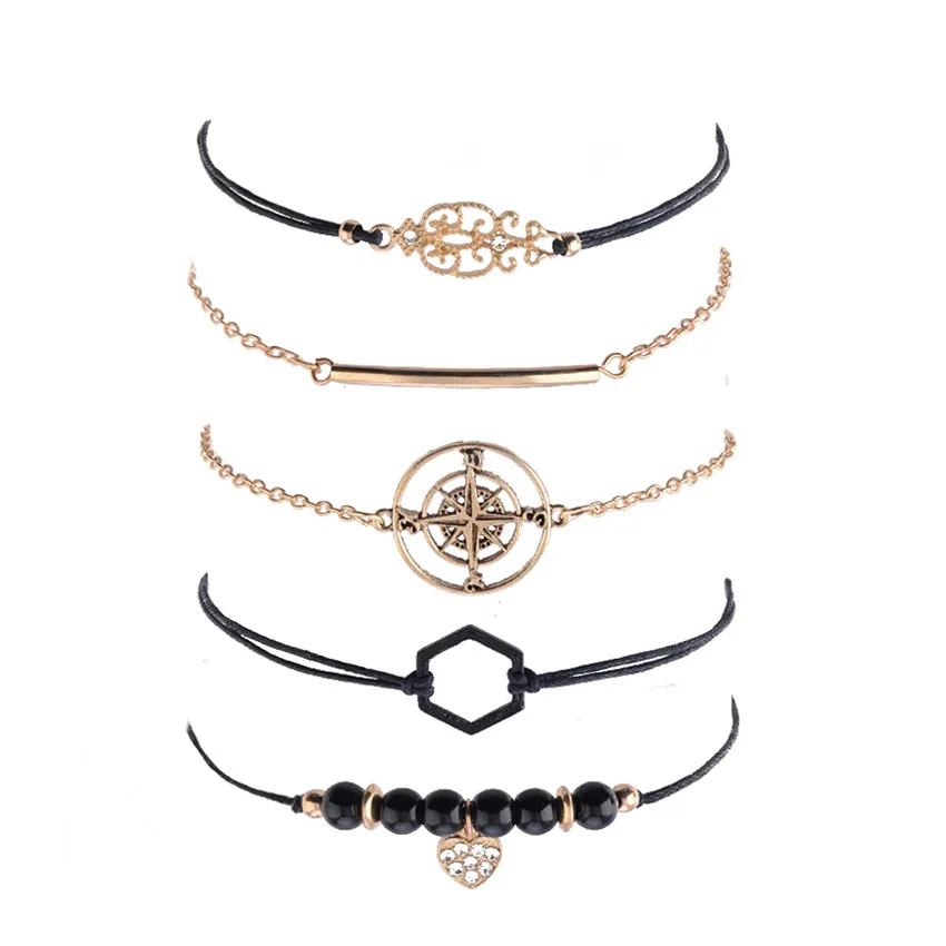 2019I богемная цепочка с черными бусинами браслеты для женщин Мода компас-сердце золотой цвет цепи браслеты наборы ювелирных изделий подарки