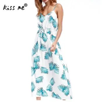 

Sling Slip Dress Backless Sexy Beach Dress Cotton Leaf Pattern Summer Holiday Long Sun Dress Waist Control Bohemian Beach Wear