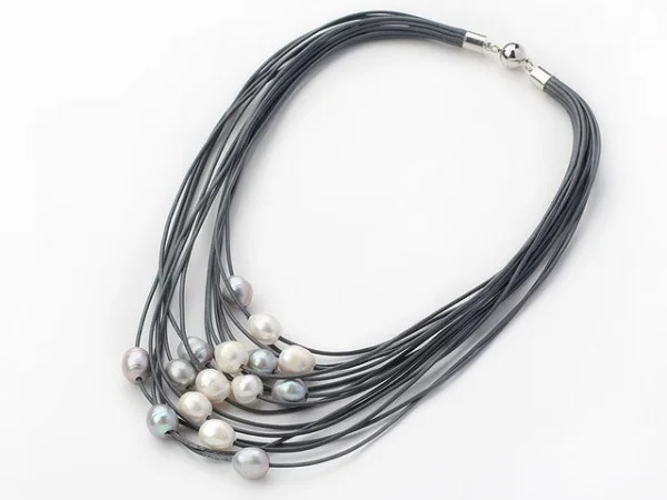

Multi-Strand 11-12mm White Grey Freshwater Pearl Leather Women Necklace