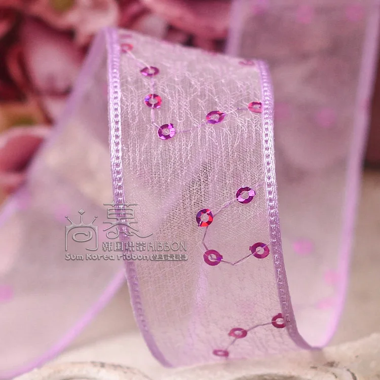 100yards 25mm 38mm glitter polka dots korean wired organza sheer ribbon for wedding decorative supplies flower packing ribbon - Цвет: light purple