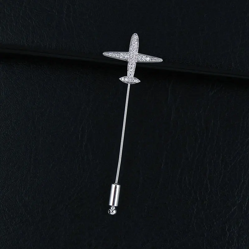 CHUKUI Safety Brooch Pins Cubic Zirconia Airplane Brooches Pins For Clothes Men's Jewelry Silver Color Lapel Pin (6)