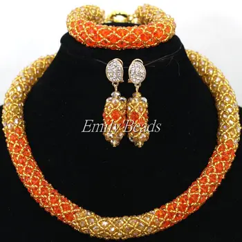 

Smart Champagne Gold African Beaded Jewelry Set Orange Nigerian Wedding Crystal Beads Necklace Set Bride Gift Single Row AIJ836