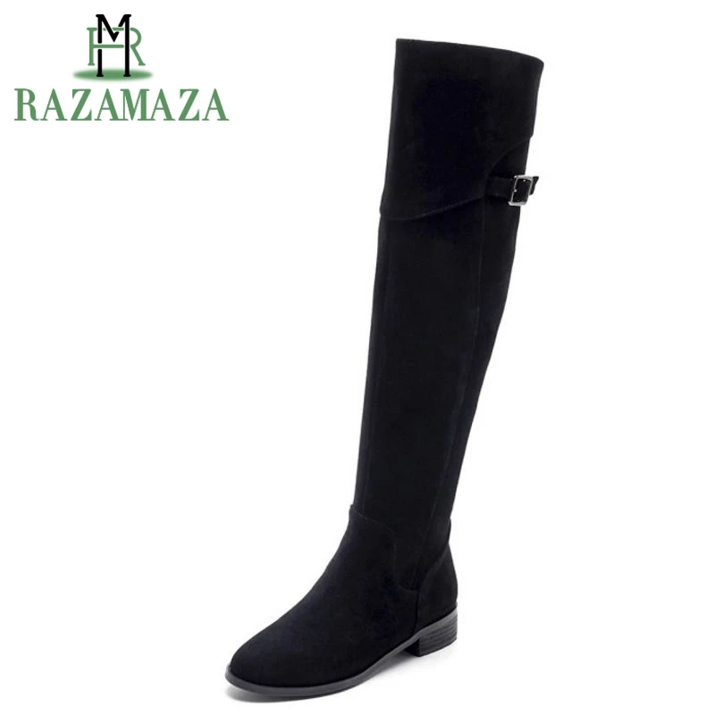 

RAZAMAZA Size 33-42 Women Real Leather Flats Boots Over Knee Boots Warm Winter Shoes Long Botas For Sexy Fashion Women Footwears