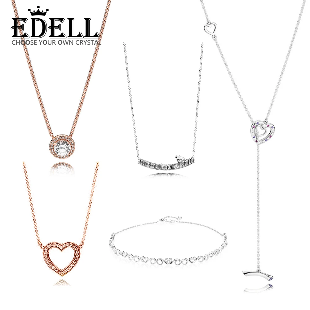

EDELL 100% 925 Sterling Silver 1:1 Authentic Charm ROSE CLASSIC ELEGANCE NECKLACE HEART SWIRLS CHOKER Spring Bird Curved Bar