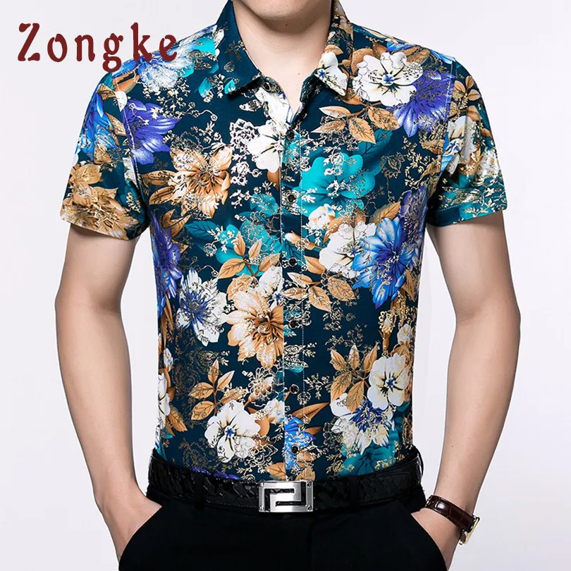 Zongke Blue Floral Hawaiian Shirt Men Short Sleeve Cotton Hawaiian ...