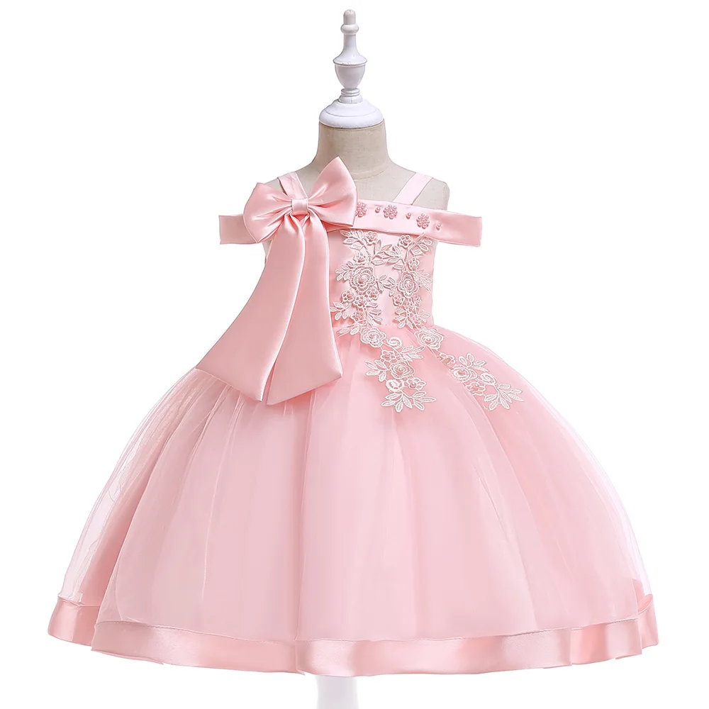 Розничная, платья с цветочной аппликацией для девочек возрастом от 3 до 9 лет Элегантное свадебное платье для девочек с большим бантом, праздничное платье для девочек, L5081