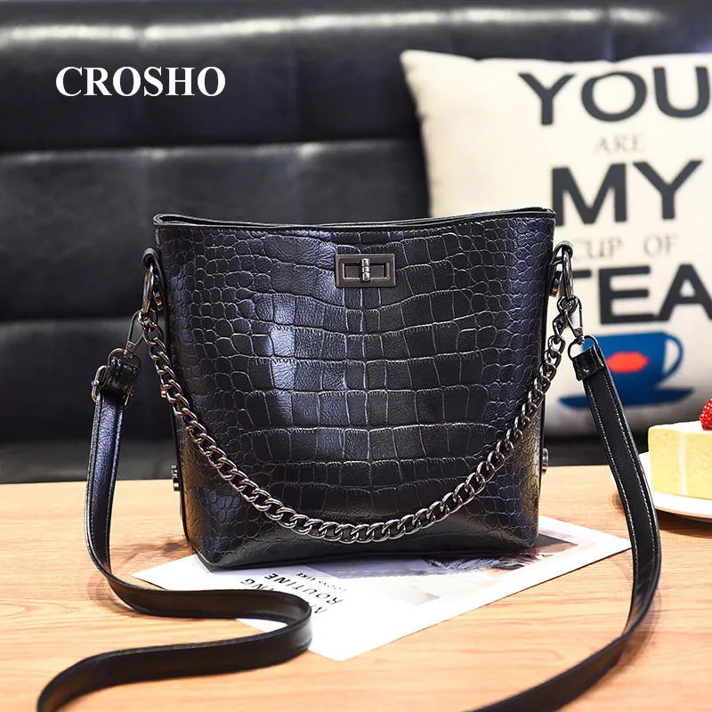 

CROSHO Lady Bag Crocodile Print Bucket Bag Retro Metal Grille Chain One Shoulder Crossbody Alligator