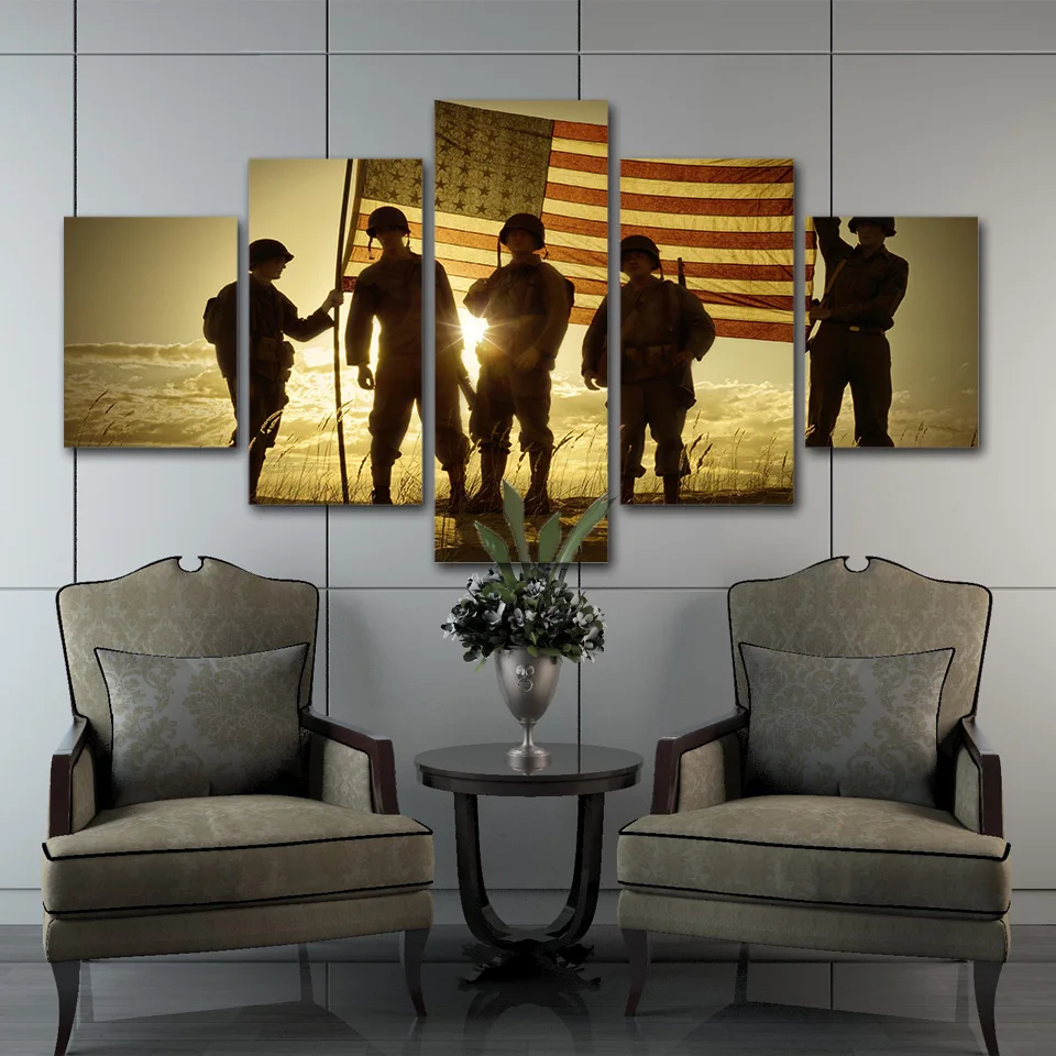 

Wall Art Modular Painting Frame Poster Picture American Flag 5 Pieces Soldiers Decor Print On Canvas Scenery For Living Room