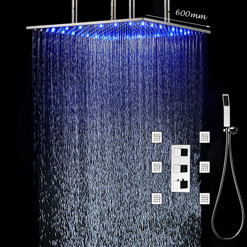 

Modern Shower Rain Set 24 Inch Rainfall Shower Ceiling With LED light Square Showerhead Faucets Thermostatic Bathroom Fixtures