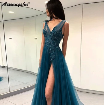

V-Neckline Beaded Appliques High Slit Tulle Open Back Evening Party Prom Gowns vestidos de fiesta Prom Long Elegant Dresses