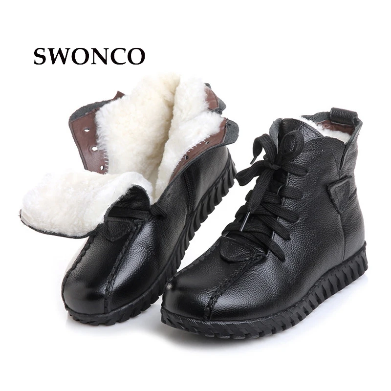 SWONCO Women's Winter Boots Genuine Leather Fur Wool Warm Woman Snow Boot Ankle Boots For Women Black Flat Ladies Shoes Boot Women's Shoes