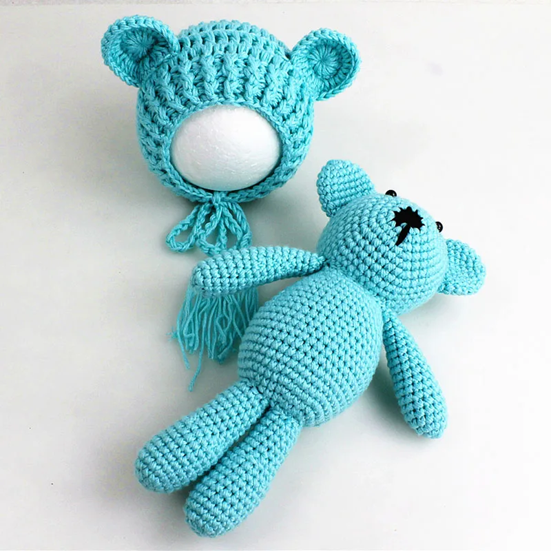Photography Prop Weaving Hat Cap Bear Toy Crochet Knit For Newborn Baby Girl Boy 