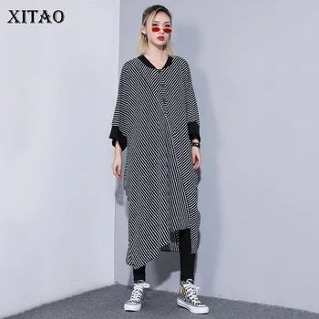 

[XITAO] Irregular Women Korea Fashion New 2019 Summer V-neck Half Sleeve Loose Dress Female Striped Mid-calf Dress DLL3358