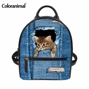 

Coloranimal Women Canvas Mochilas Backpack College Student Mini Shoulder Book Bags Funng 3D Blue Fake Denim Cat Print PU Bags