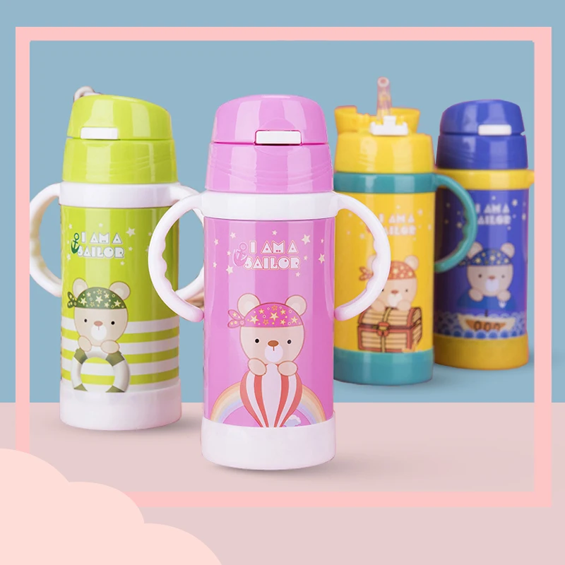 cheap Eco Friendly 500ML Baby #039;s Vacuum Water Bottle handgrip Children Powdered Milk Thermals cup Stainless steel straw Thermos Flasks