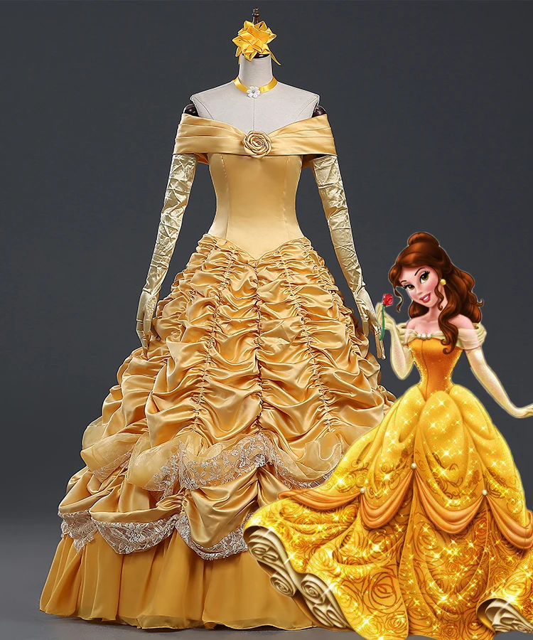 Красавица и Чудовище Колокольчик желтый длинное платье на Хэллоуин костюм Платье Прекрасной Принцессы для маскарада, карнавала взрослых belle роли Su