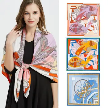 

Women Imitation Silk Summer Large Neck Scarf Twill Jacquard Abstract Pumpkin Carriage Square Beach Shawl Sunscreen Blanket Wrap