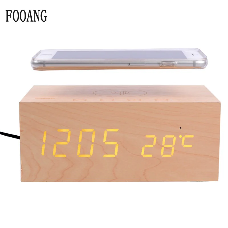 

FOOANG Wireless speaker bluetooth speakers wood universal qi Wireless charger clock thermometers desktop AUX NFC for phone usb
