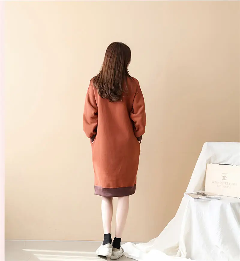 Для женщин кофты 2018 осень-зима новый корейский шею Свободные Большой Размеры письмо с длинным плюс бархатная толстовка с капюшоном платье