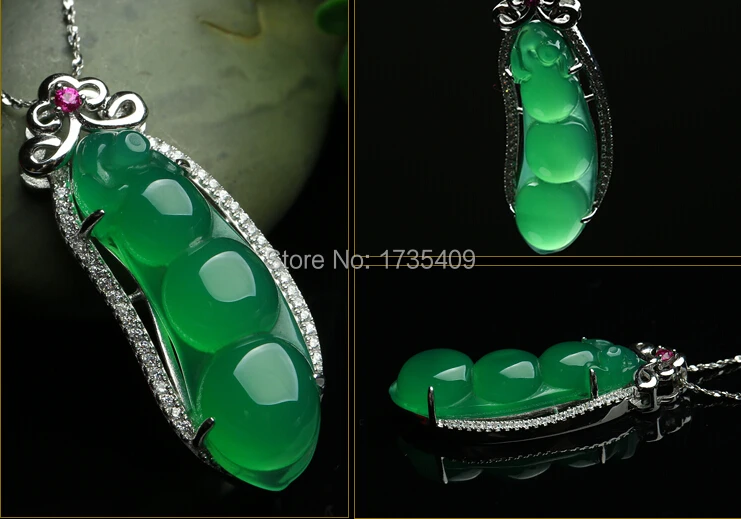 

Pure 925 Sterling Silver Green Chinese 100% Natural /Jadeite Beans Pendant With Certificate