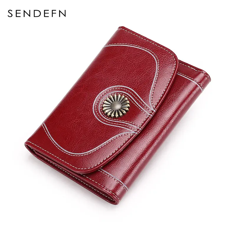 

SENDEFN Retro Women Dollar Wallet Female Short Purses Split Leather Large Capacity Walet Lady Button Purse Flower Hardware