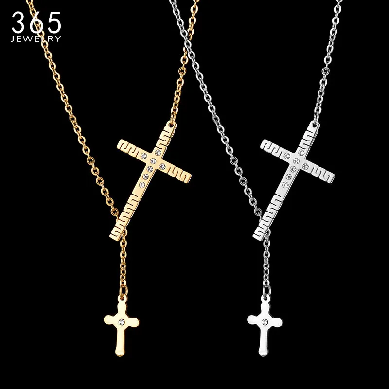 New Accessories Stainless Steel Cross Lariat Pendant Necklace 2 Color ...