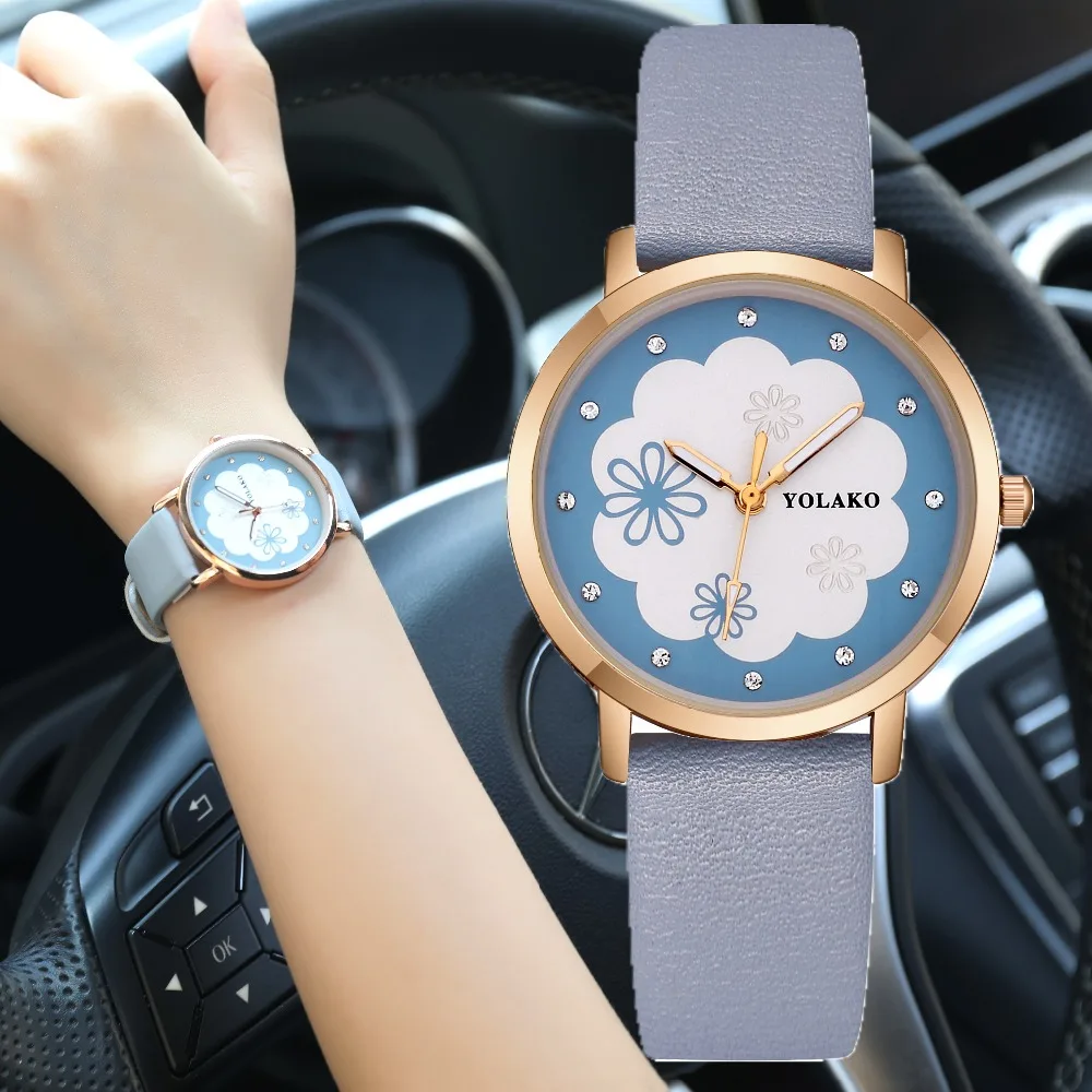 

Relogio New Fashion Brand Rose Gold Leather Watches Women Ladies Casual Flower Dress Quartz Wristwatch Reloj Mujer Student Clock