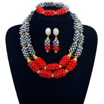

Sliver Red Nigerian Wedding African Beads Jewelry Set Crystal Beads Gold-color Women African Costume Jewelry Sets Free Shipping