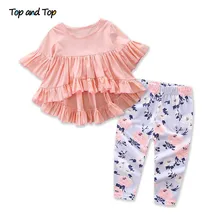 Топ и топ, летний комплект одежды для маленьких девочек, платье с короткими рукавами и манжетами, футболка+ штаны с принтом Повседневная одежда из 2 предметов