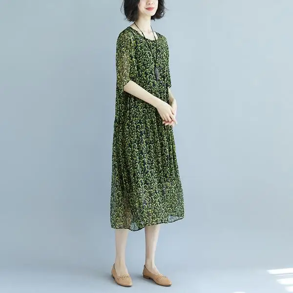 BUYKUD Elegant Summer Dresses Women Green Short Sleeve Round Neck Printed Stripe Black Loose Thin Midi Dress With Black Slip  (3)