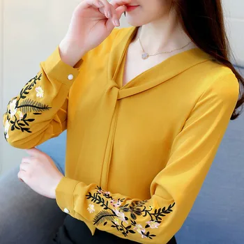 

2019 New Women Fashion V-neck Long Sleeve Floral Embroidery Chiffon Tops Blouses Casual Slim Office Shirts Blouse