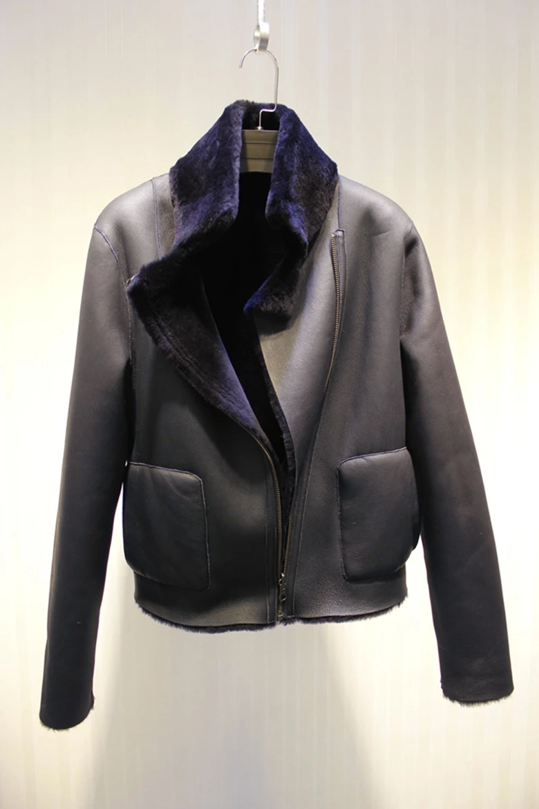 

Arlenesain custom shearling dark blue aviator jacket