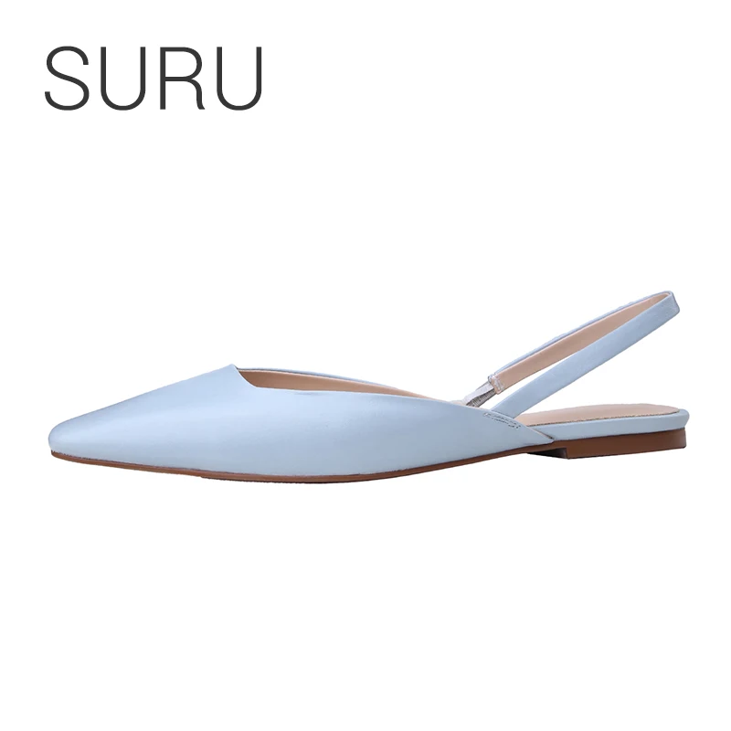 

SURU Blue Square Toe Slingbacks Flats Women Leather Sandals Summer Shoes size 34-40