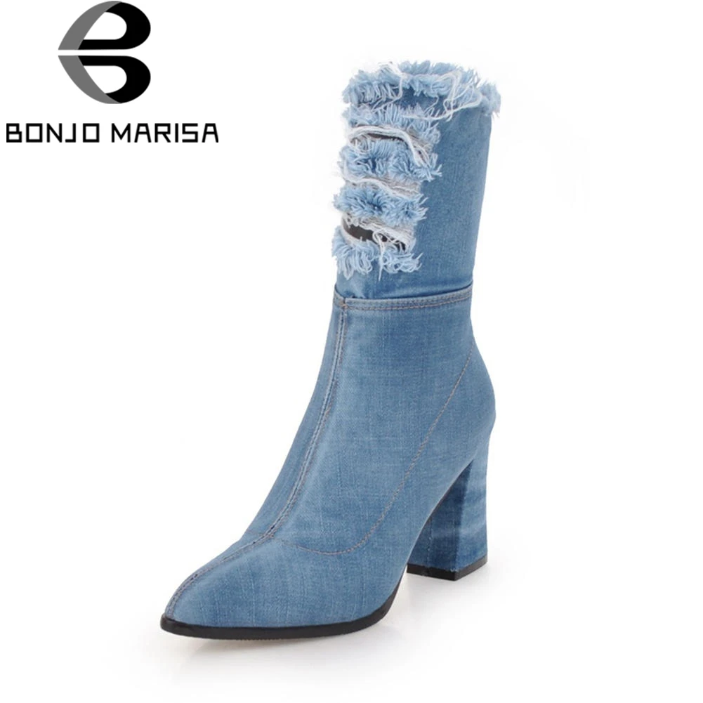 BONJOMARISA Fashion Ripped mid-calf Boots Women Denim Autumn 2018 Large Size 34-43 High Hoof Heels Shoes Woman Short Plush ripped high low denim hooded dress