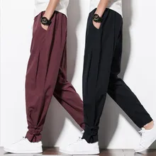 Китайский стиль лето осень хлопок льняные брюки шнурок талии мужские брюки повседневные брюки с пуговицами Большие размеры M-6XL