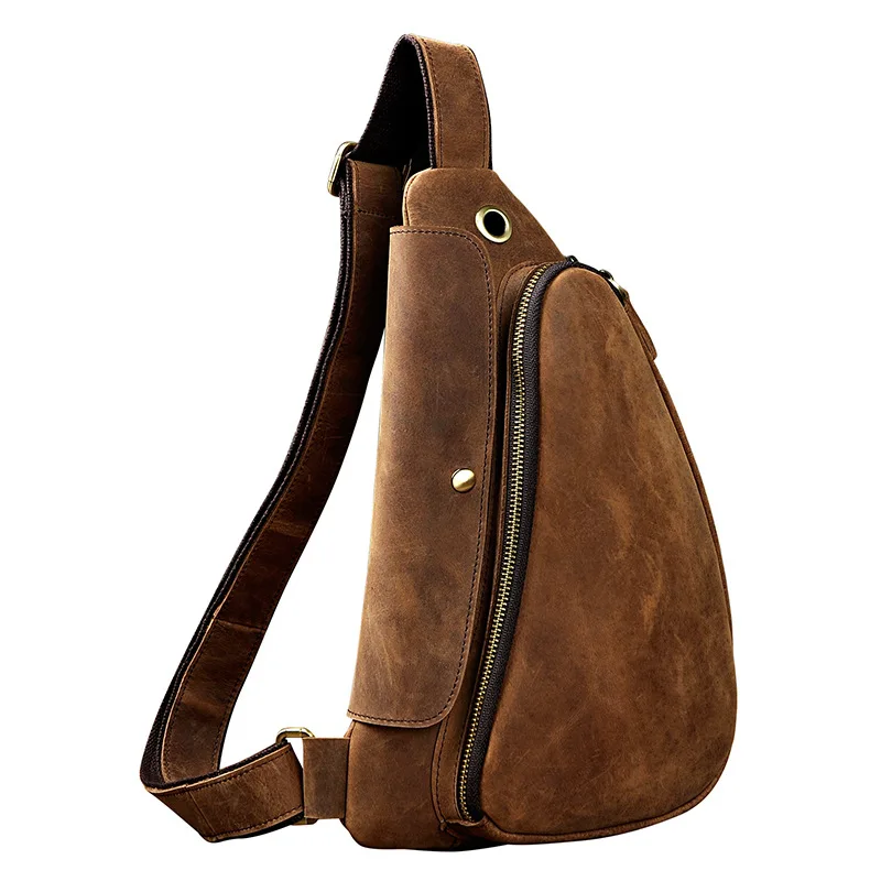 

Crazy Horse Cowhide Crossbody Chest Bags Cool Shoulder Bag Genuine Leather Retro Triangle Casual Men Sling Rucksack Backpack