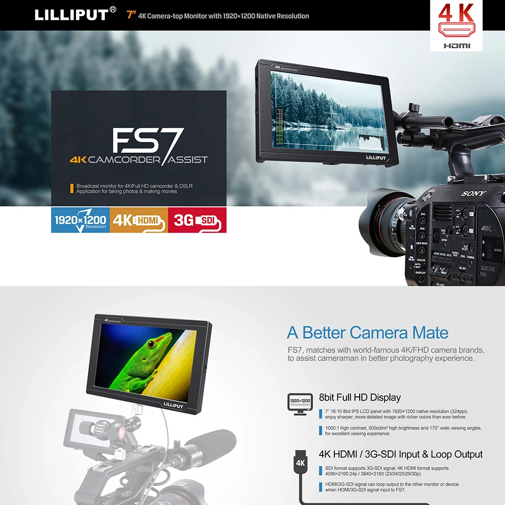 Lilliput FS7 7 дюймов Full HD 1920x1200 4K HDMI 3G-SDI in/out On camera полевой монитор для ZHIYUN Crane 2/DJI RONIN S/FEIYU Gimbal