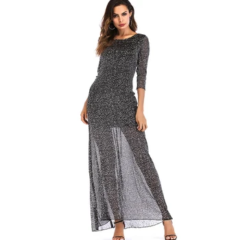 

Party See Through Dress For Women Three Quarter Sleeve Backless Long Mesh Sexy Robe Backless Clubwear Evening Fashion Vestidos