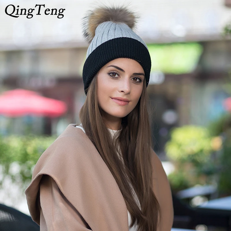 Wool Fox Fur Pom Poms Hat Female Autumn Winter Bea...