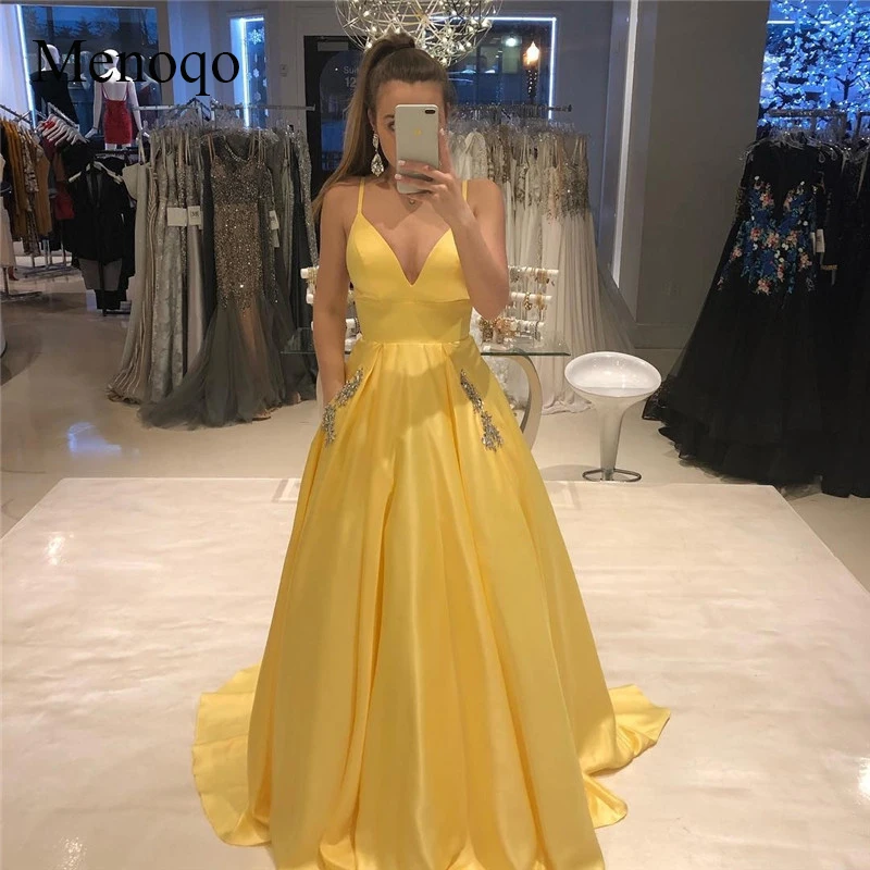 

Menoqo Yellow V-neck Long Prom Dresses 2019 with Pocket Formal Party Dress Shining Crystal A-line vestidos de fiesta de noche