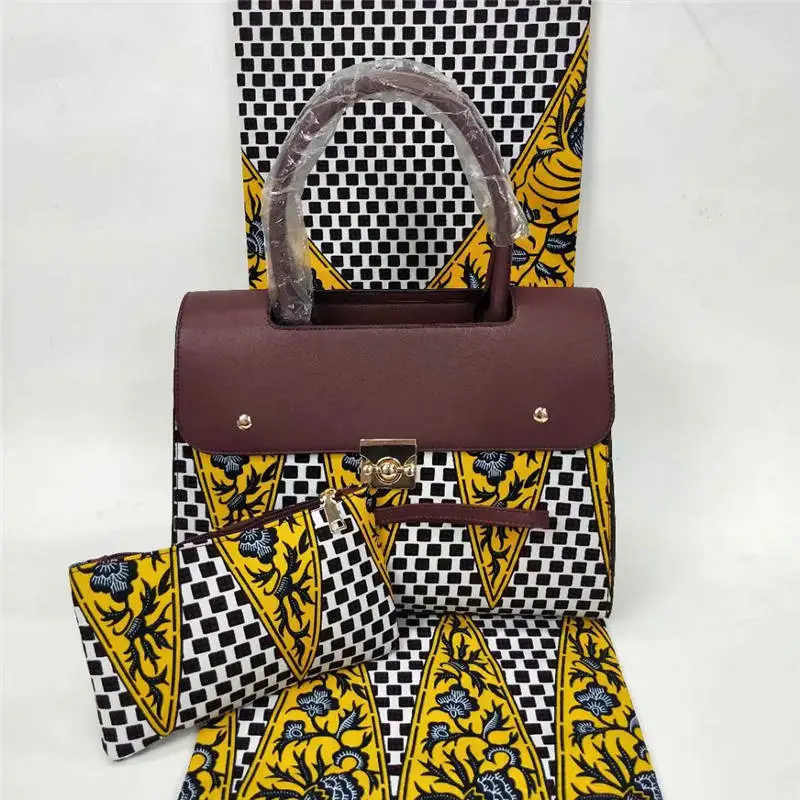 

2019 High quality african wax bag set,ankara soft wax Nigerian and cotton wax 6 yards match handbag/purse 3 pieces/set ! L52868