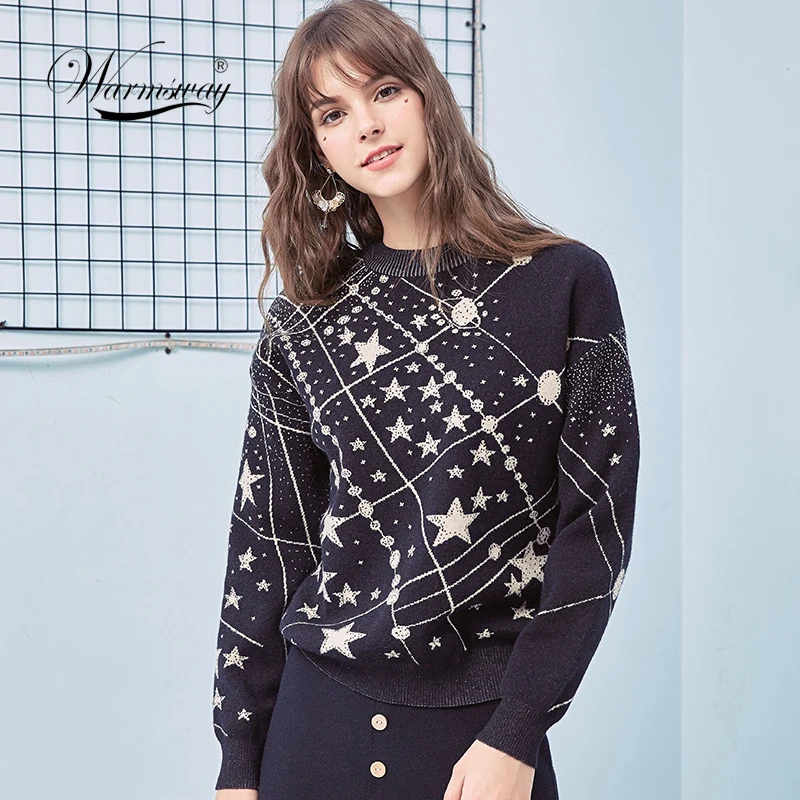 Ceny Retro Galaxy wzór gwiazdy sweter kobiet w stylu Vintage z długim rękawem swetry 2019 jesień zima panie żakardowe swetry swetry C 285
