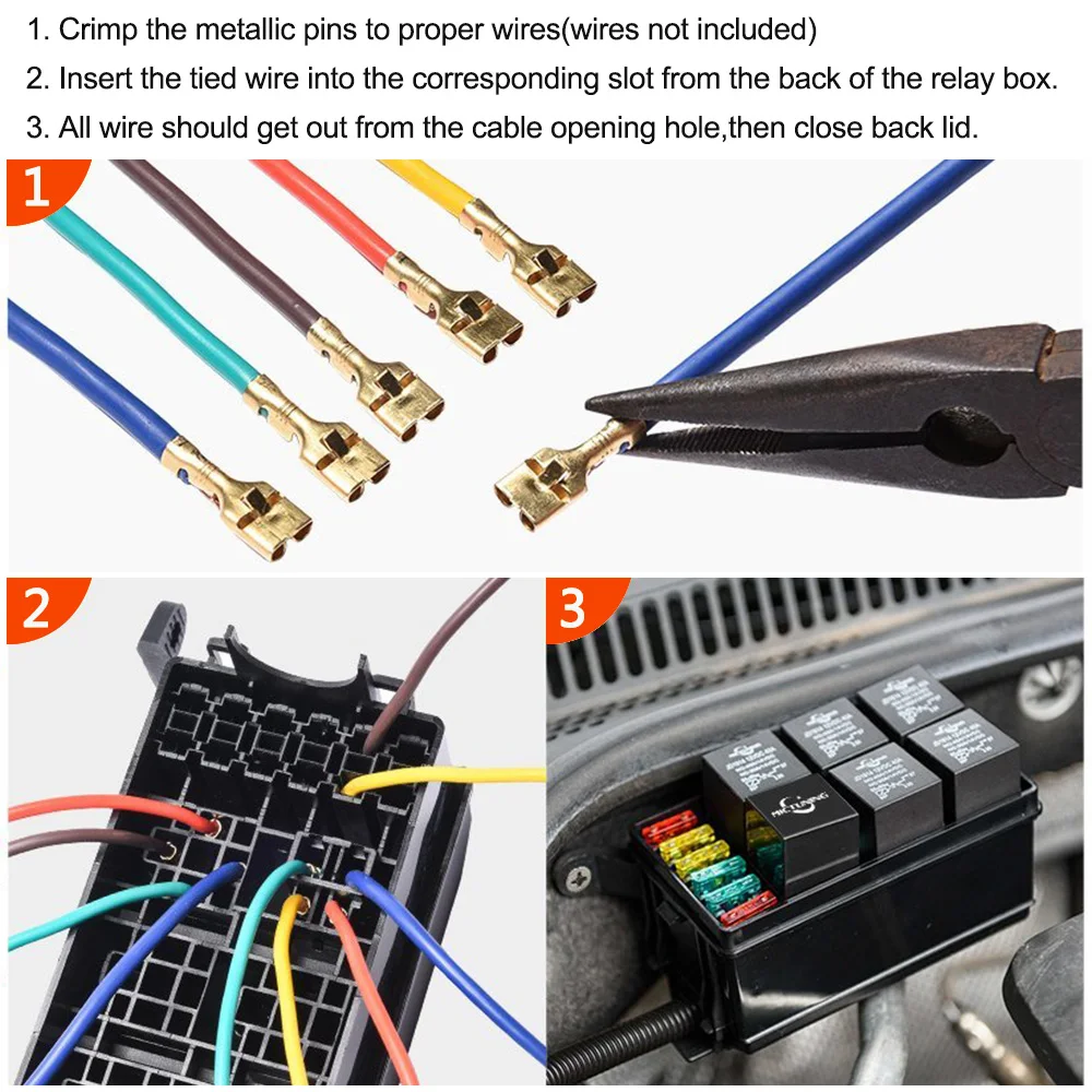 Car Fuses Kit 12-Slot Relay Box 6 Relays 6 ATC/ATO Standard Fuses Holder Block with 41pcs Metallic Pins Universal for Automotive Accessories