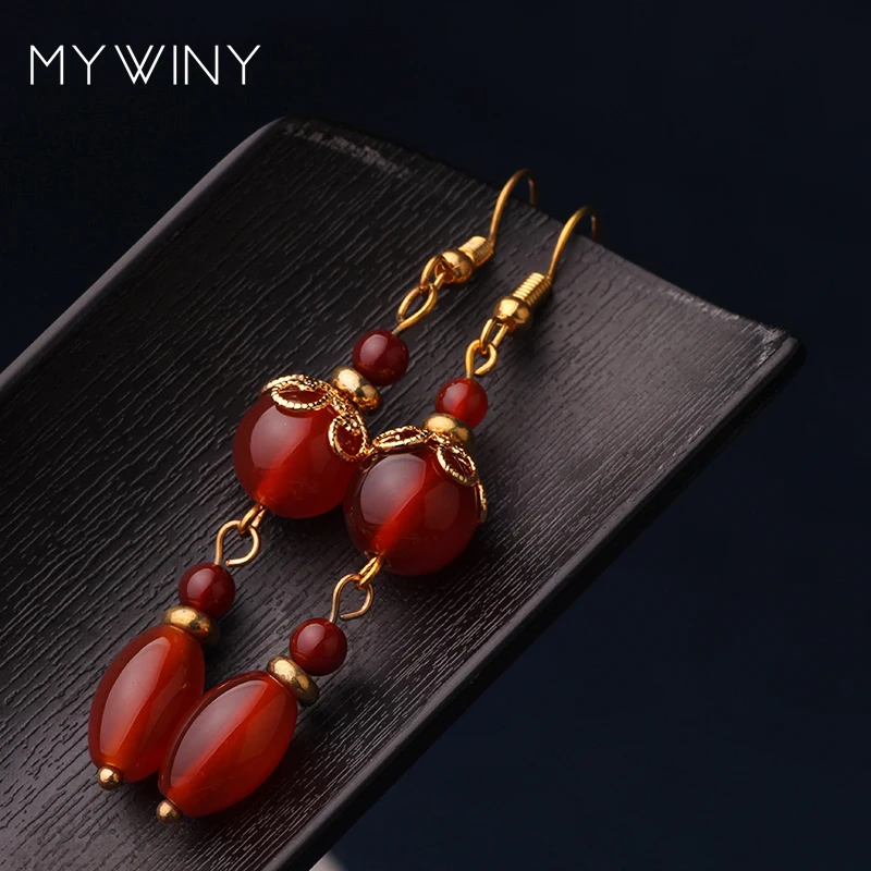 MYWINY винтажные этнические длинные висячие серьги Красные Каменные Бусы для