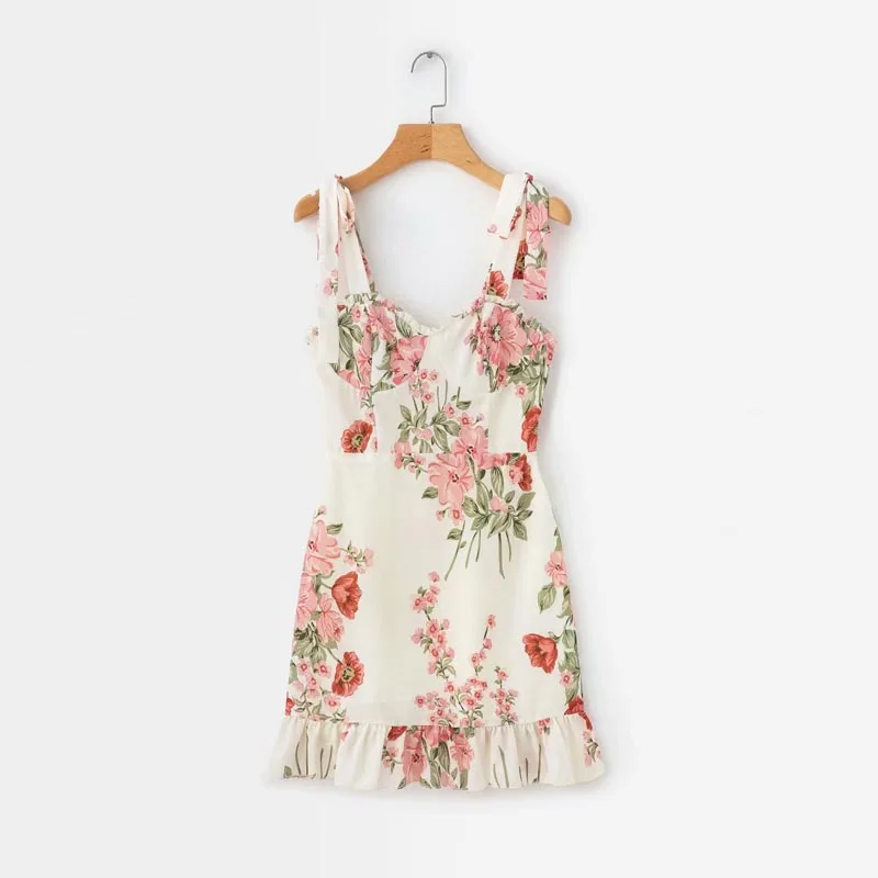 

QZ094 Women Pleasant Pink Floral Print Shoulder Bowknot Slim Waist Ruffles Bottom Slim Dress Ladies Bodycon Mini Vestidos