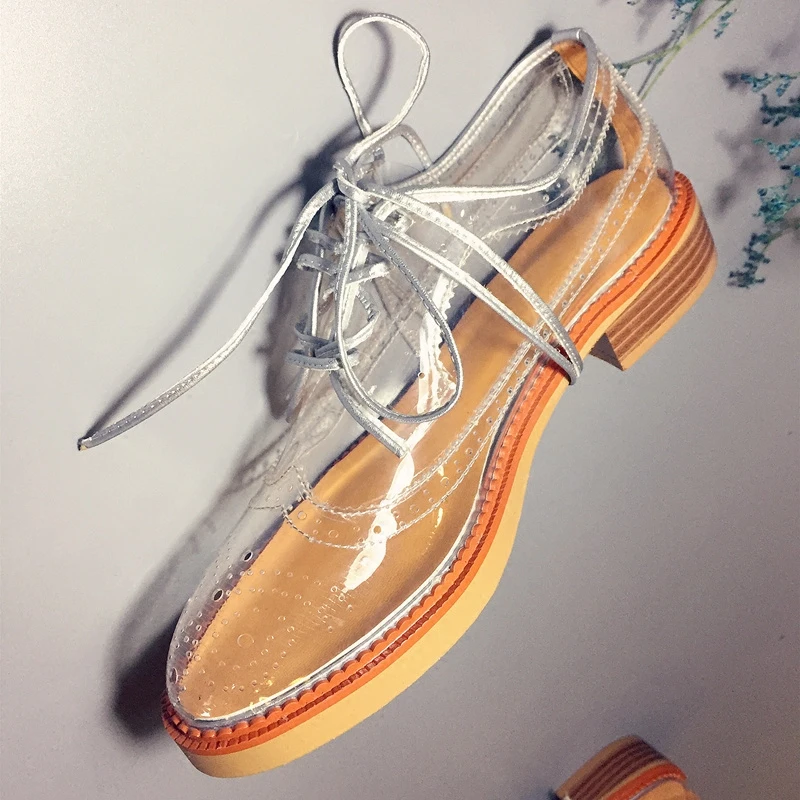 

2017 spring summer ladies tie up transparent Bullock PVC shoes retro Breathable flats students jelly shoes fashion large size
