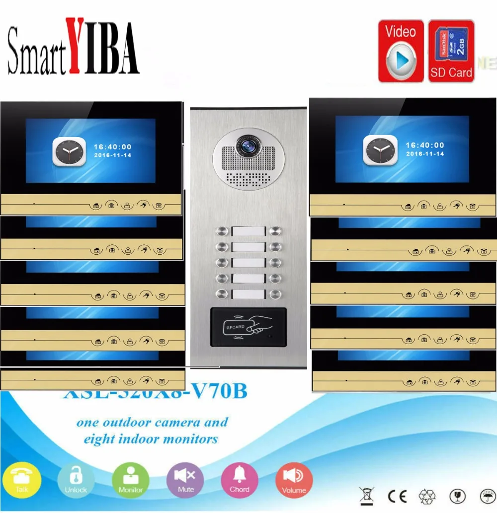 Smartyiba 7-дюймовый монитор видео домофон дверной звонок RFID дверца Камера с SD карты видео Запись для 10 квартира