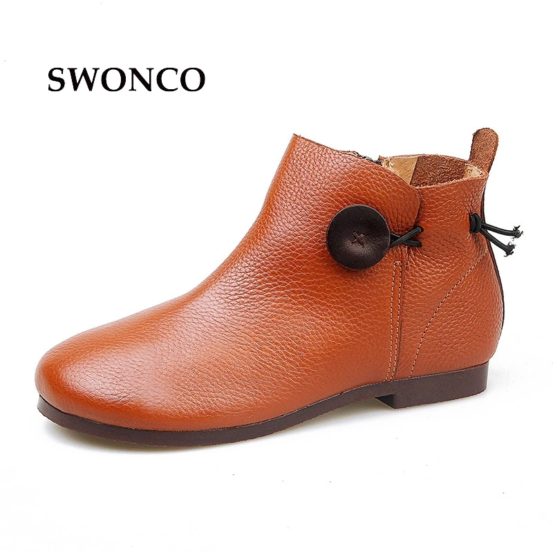 

SWONCO Women's Handmade Genuine Leather Vintage Ankle Boots Flat Leather Boots Women Shoes Solid Color Ladies Shoes Woman Boot