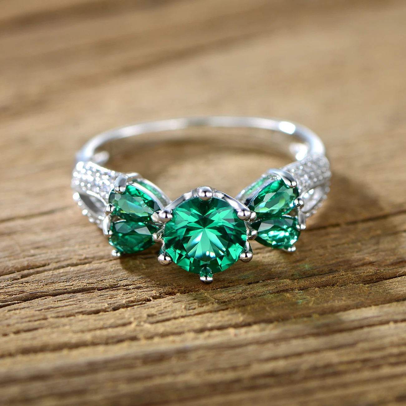 White Rhodium Plated Lab-Created Emerald Cocktail Ring
