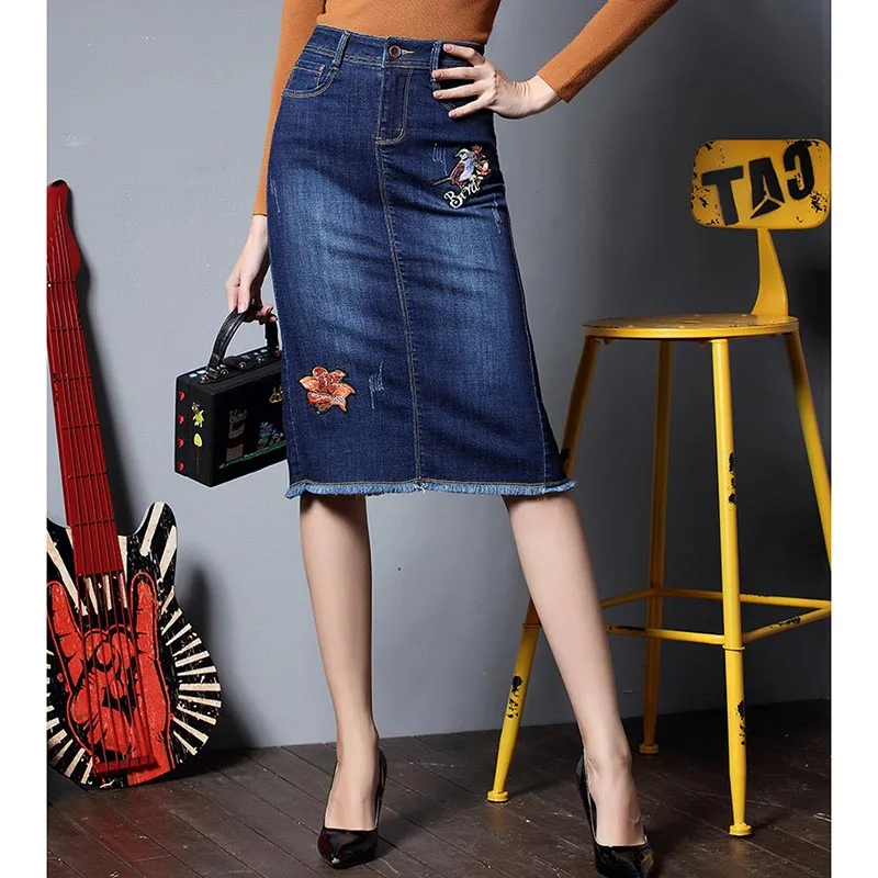 THHONE длинные джинсовые юбки для женщин с вышивкой винтажная кисточка миди тонкая спина с разрезом и высокой талией промытая джинсовая юбка для женщин плюс размер